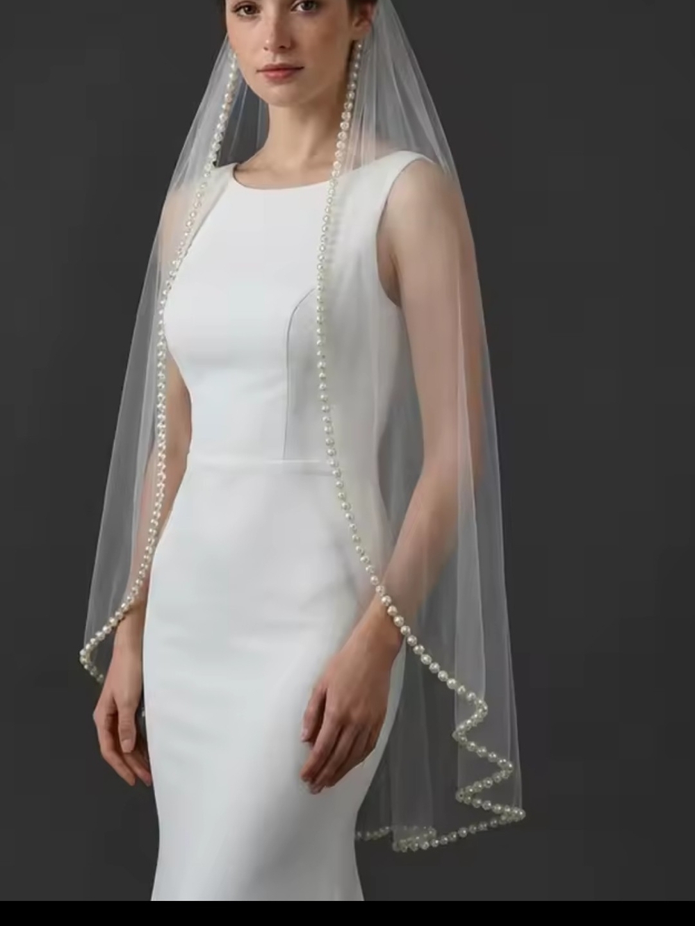 Pearl-Trim White Bridal Veil Fingertip Length